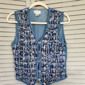 Vtg Style Van Heusen Vest Denim Blue & White Weaved Front Tie Back Cotton